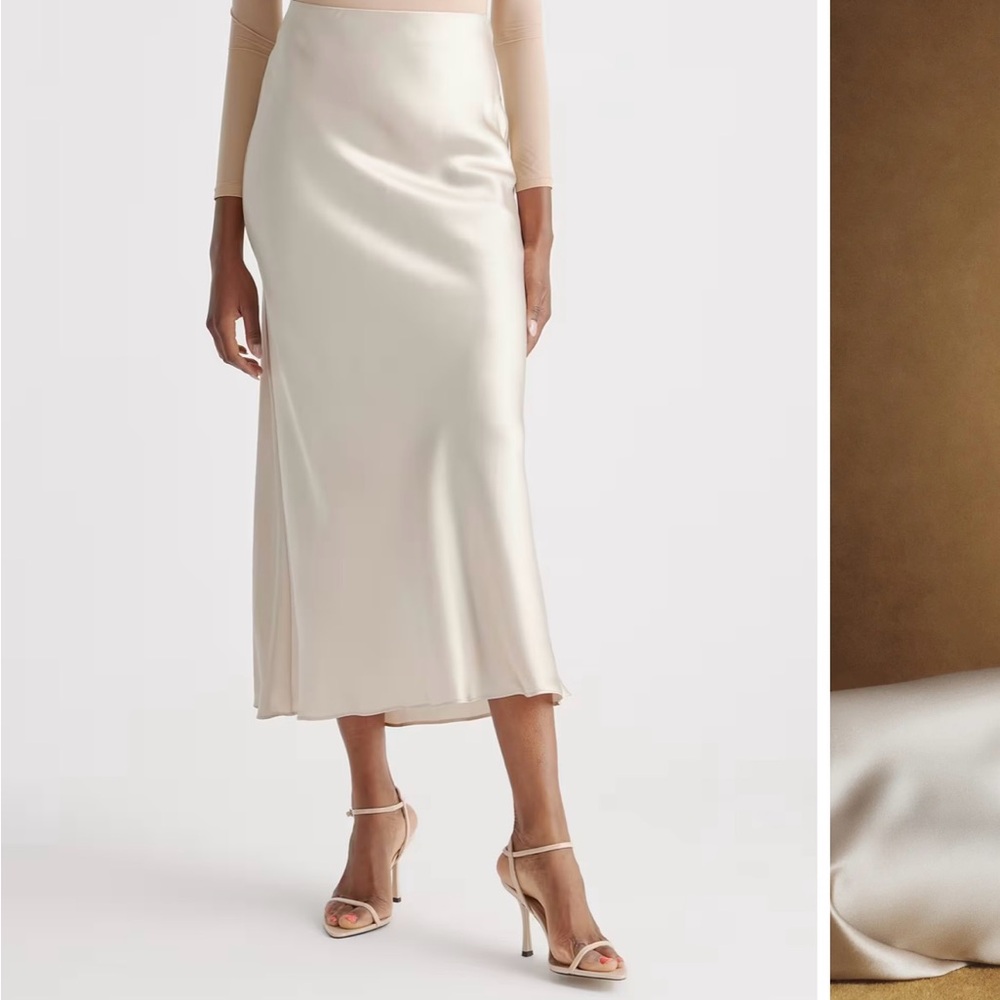 Quince Cream 100% Silk Midi Skirt